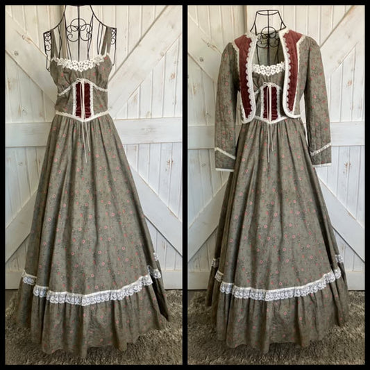 70's Vintage Gunne Sax Gray Pink Green Calico Red Rust Velvet Underbsut Corset Prairie Maxi Sundress Dress + Quilted Jacket 7