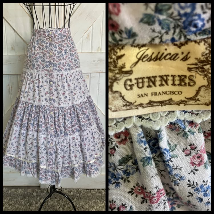 70's Vintage Gunne Sax Jessica's Gunnies Lavender Purple Pink Blue Calico Prairie Midi Skirt