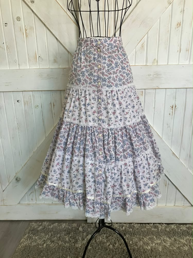 70's Vintage Gunne Sax Jessica's Gunnies Lavender Purple Pink Blue Calico Prairie Midi Skirt