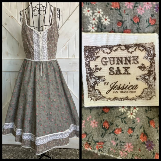 70's Vintage Gunne Sax Gray White Red Pink Green Calico White Swiss Polka Dot Corset Prairie Midi Dress 11