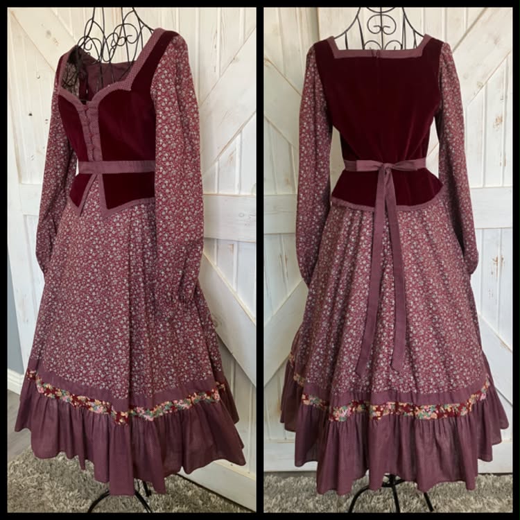 70's Vintage Gunne Sax Red Velvet Peplum Red Calico White Swiss Polka Dot Prairie Midi Dress 11