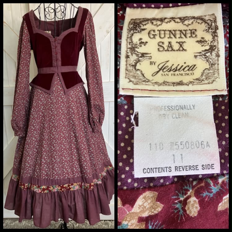 70's Vintage Gunne Sax Red Velvet Peplum Red Calico White Swiss Polka Dot Prairie Midi Dress 11