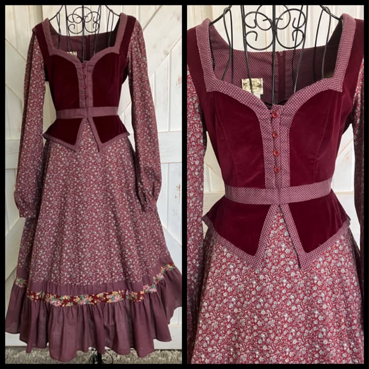 70's Vintage Gunne Sax Red Velvet Peplum Red Calico White Swiss Polka Dot Prairie Midi Dress 11