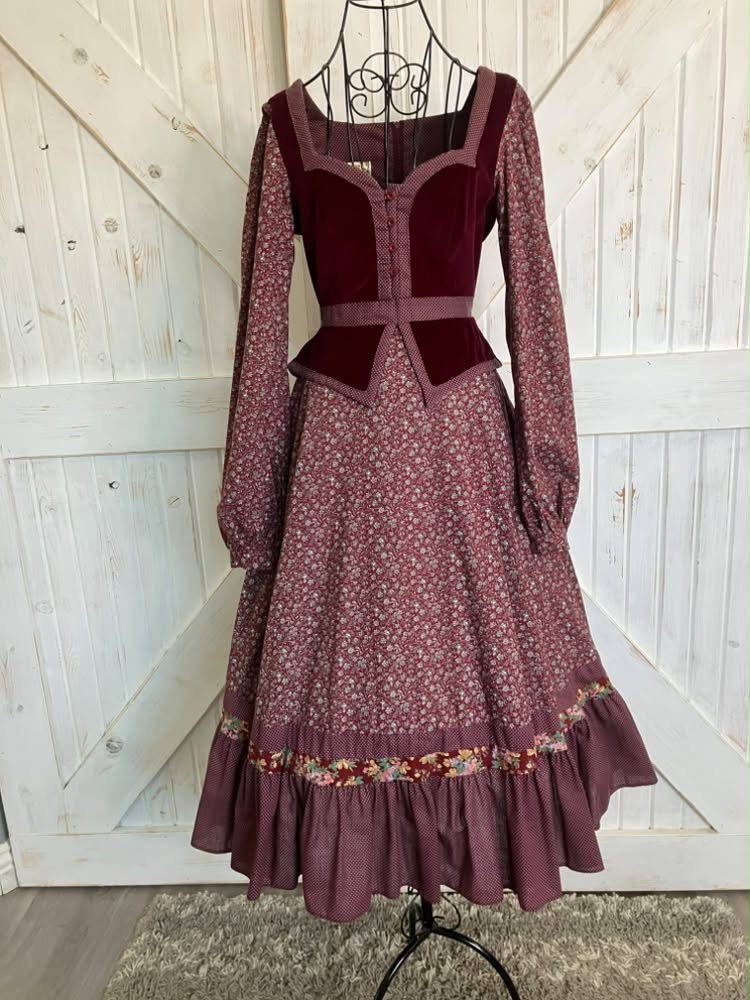 70's Vintage Gunne Sax Red Velvet Peplum Red Calico White Swiss Polka Dot Prairie Midi Dress 11