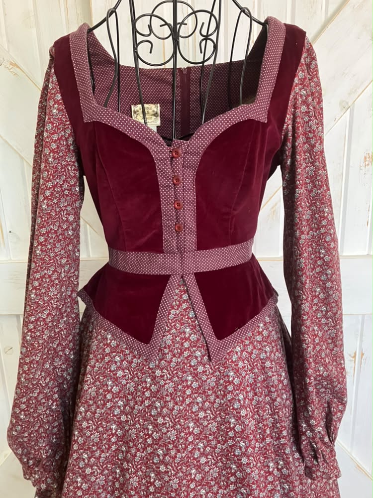 70's Vintage Gunne Sax Red Velvet Peplum Red Calico White Swiss Polka Dot Prairie Midi Dress 11