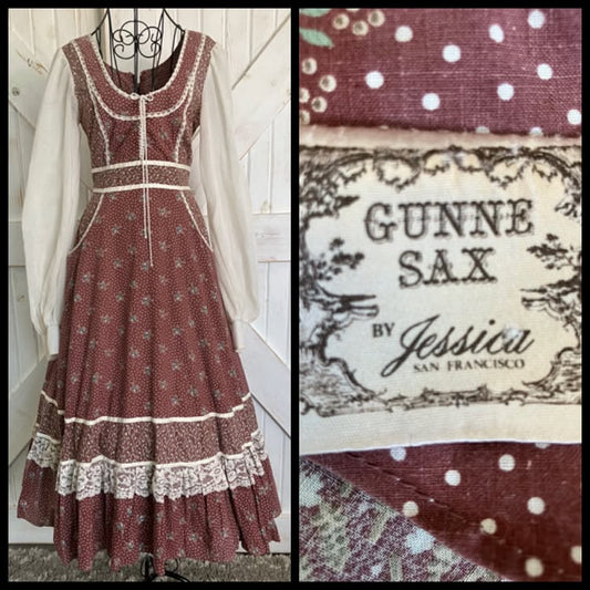 WOUNDED BIRD 70's Vintage Gunne Sax Red Rust White Polka Dot Calico Corset Prairie Midi Dress