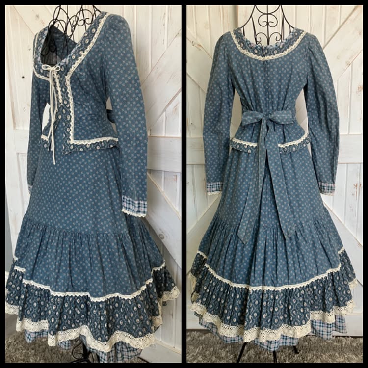 70's Vintage Gunne Sax Teal Blue White Calico Plaid Peplum Corset Prairie Midi Dress 11