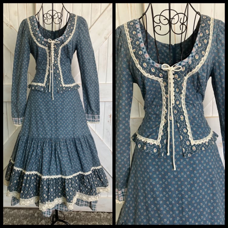 70's Vintage Gunne Sax Teal Blue White Calico Plaid Peplum Corset Prairie Midi Dress 11