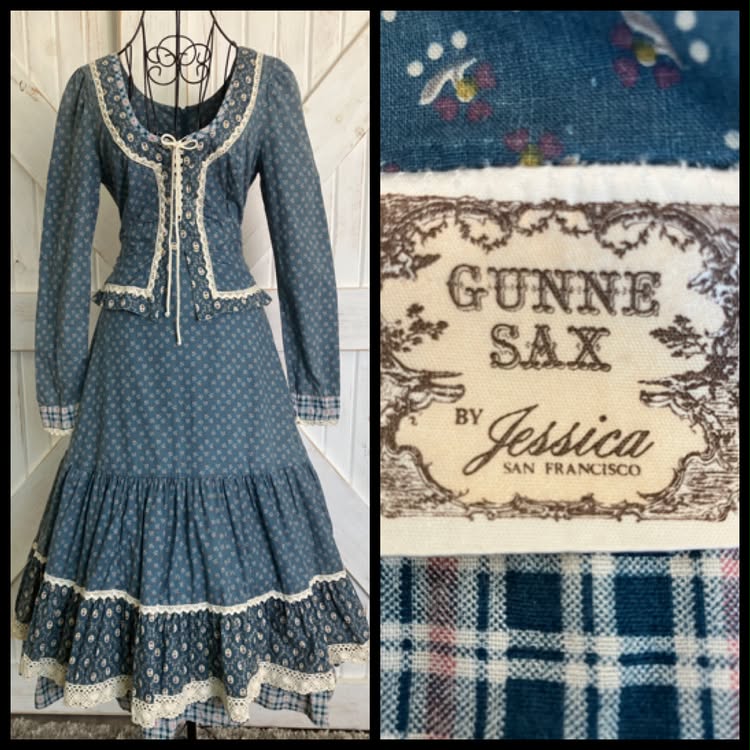 70's Vintage Gunne Sax Teal Blue White Calico Plaid Peplum Corset Prairie Midi Dress 11
