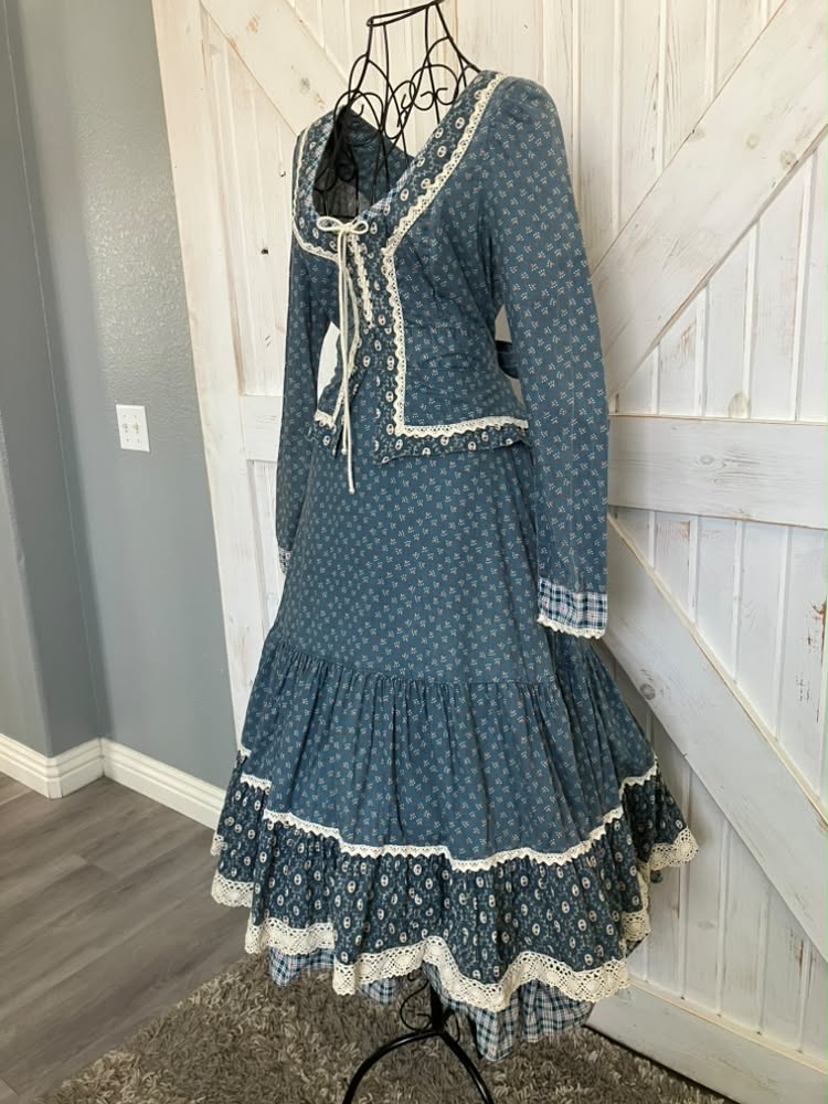 70's Vintage Gunne Sax Teal Blue White Calico Plaid Peplum Corset Prairie Midi Dress 11