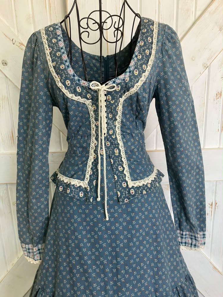70's Vintage Gunne Sax Teal Blue White Calico Plaid Peplum Corset Prairie Midi Dress 11