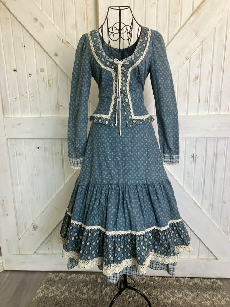 70's Vintage Gunne Sax Teal Blue White Calico Plaid Peplum Corset Prairie Midi Dress 11