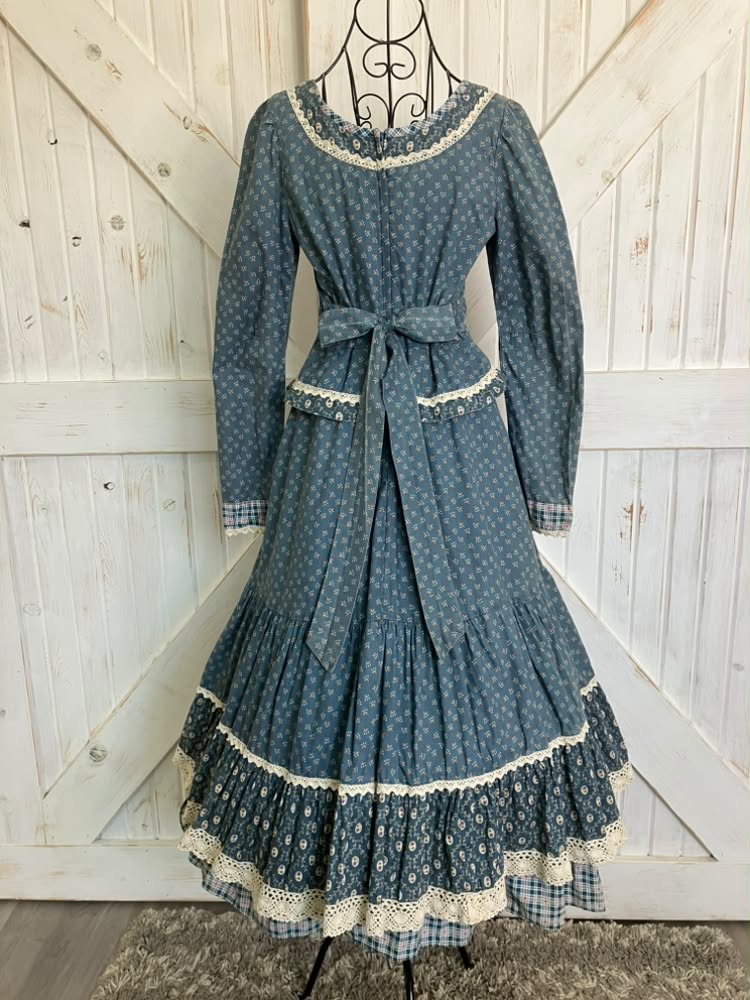 70's Vintage Gunne Sax Teal Blue White Calico Plaid Peplum Corset Prairie Midi Dress 11