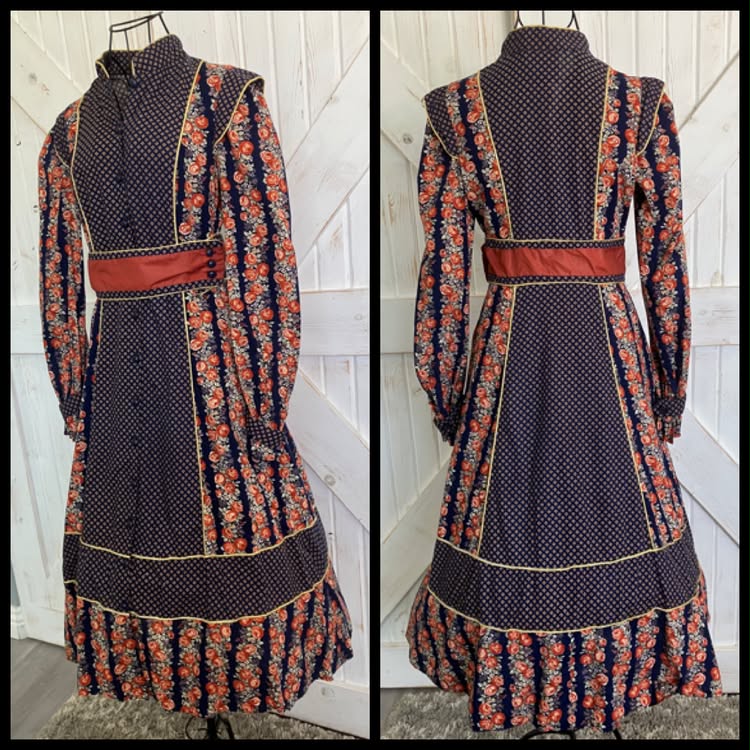70's Vintage Gunne Sax Blue Red White Cabbage Rose Mandarin Prairie Boho Midi Dress 11
