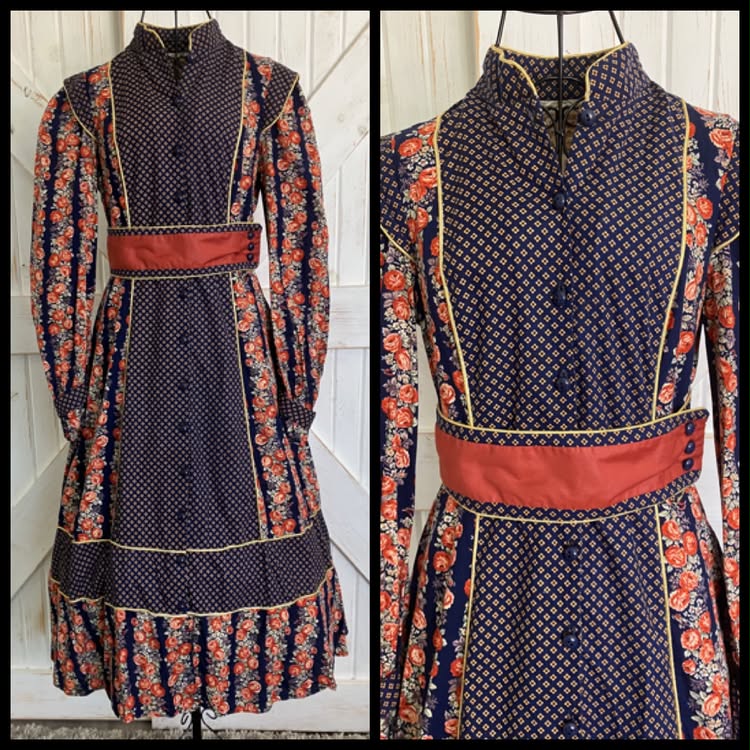 70's Vintage Gunne Sax Blue Red White Cabbage Rose Mandarin Prairie Boho Midi Dress 11