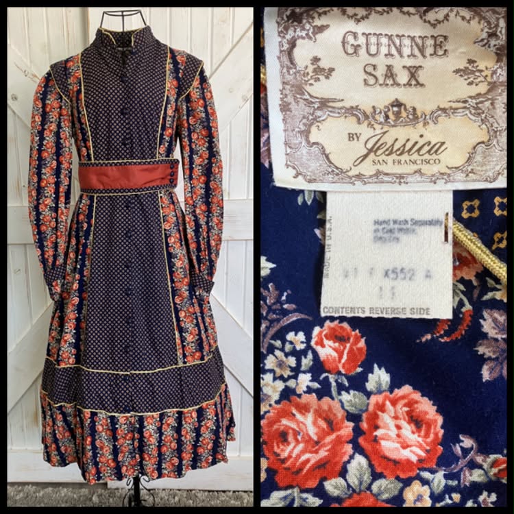 70's Vintage Gunne Sax Blue Red White Cabbage Rose Mandarin Prairie Boho Midi Dress 11