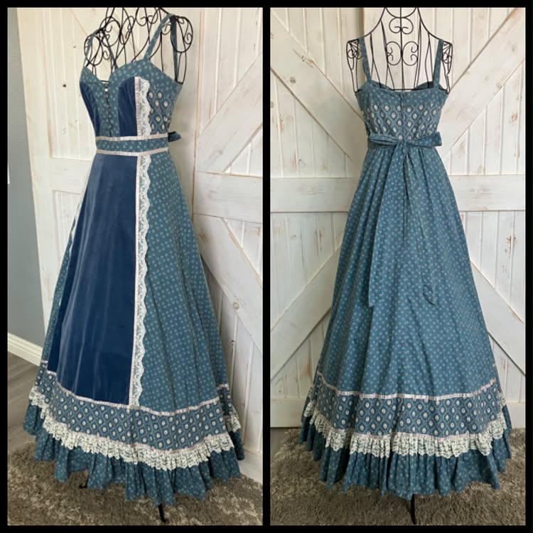 70's Vintage Gunne Sax Teal Blue White Calico Sweetheart Prairie Maxi Sundress Dress *HEMMED