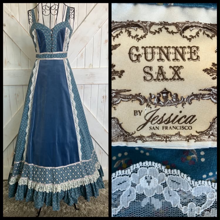 70's Vintage Gunne Sax Teal Blue White Calico Sweetheart Prairie Maxi Sundress Dress *HEMMED