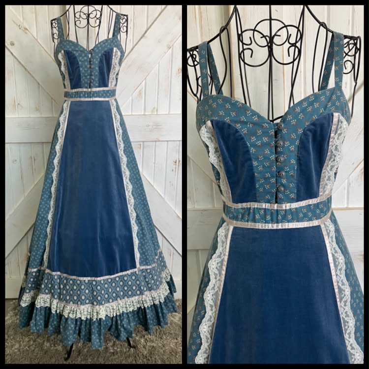 70's Vintage Gunne Sax Teal Blue White Calico Sweetheart Prairie Maxi Sundress Dress *HEMMED