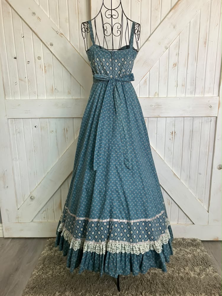 70's Vintage Gunne Sax Teal Blue White Calico Sweetheart Prairie Maxi Sundress Dress *HEMMED