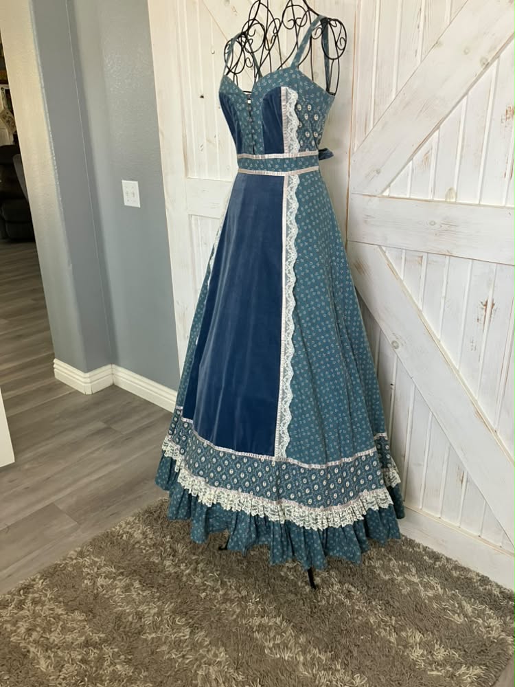 70's Vintage Gunne Sax Teal Blue White Calico Sweetheart Prairie Maxi Sundress Dress *HEMMED