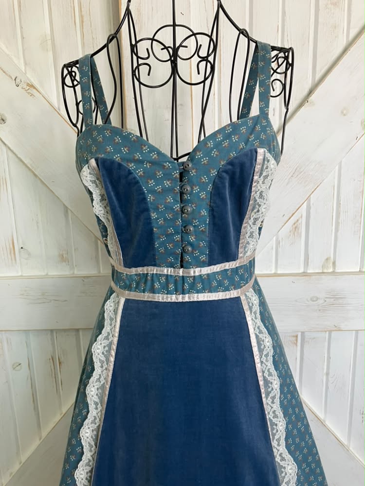 70's Vintage Gunne Sax Teal Blue White Calico Sweetheart Prairie Maxi Sundress Dress *HEMMED