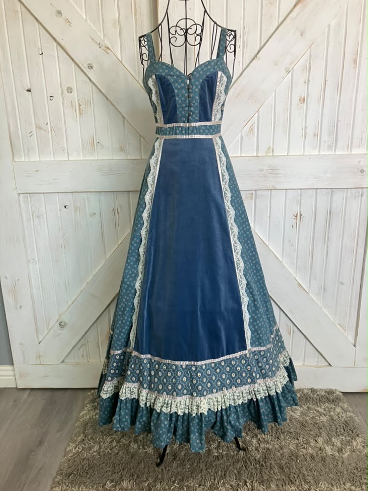 70's Vintage Gunne Sax Teal Blue White Calico Sweetheart Prairie Maxi Sundress Dress *HEMMED