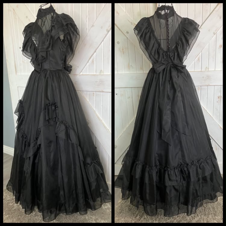 70's Vintage Gunne Sax Black Swiss Polka Dot Wednesday Adams Witchy Woman Maxi Gown Ballgown Dress 9