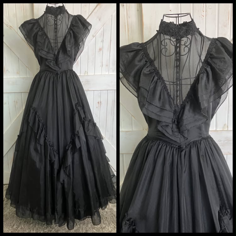 70's Vintage Gunne Sax Black Swiss Polka Dot Wednesday Adams Witchy Woman Maxi Gown Ballgown Dress 9