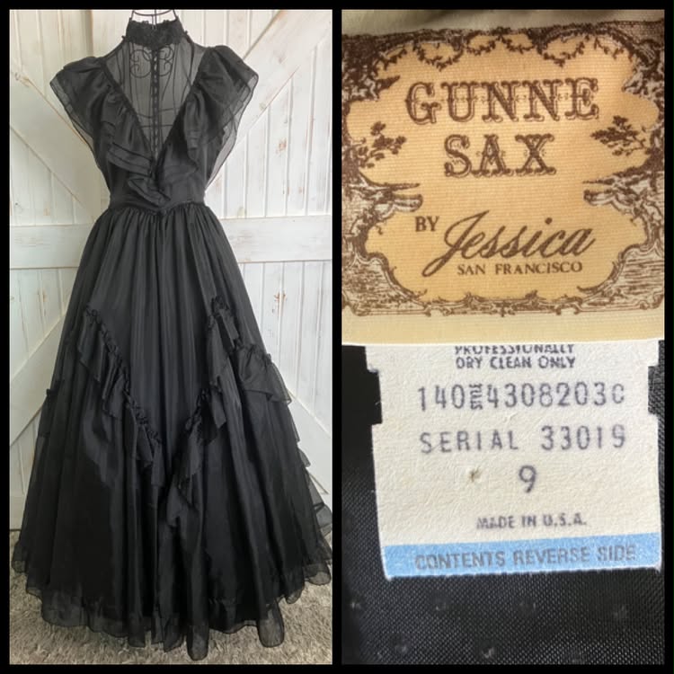 70's Vintage Gunne Sax Black Swiss Polka Dot Wednesday Adams Witchy Woman Maxi Gown Ballgown Dress 9