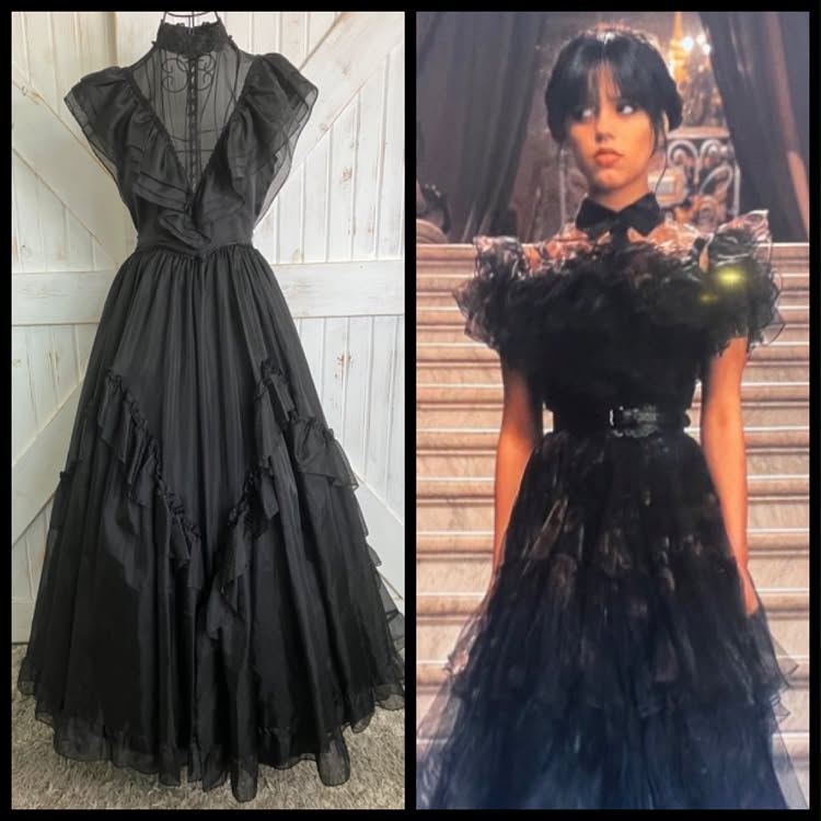 70's Vintage Gunne Sax Black Swiss Polka Dot Wednesday Adams Witchy Woman Maxi Gown Ballgown Dress 9