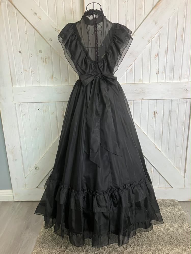 70's Vintage Gunne Sax Black Swiss Polka Dot Wednesday Adams Witchy Woman Maxi Gown Ballgown Dress 9
