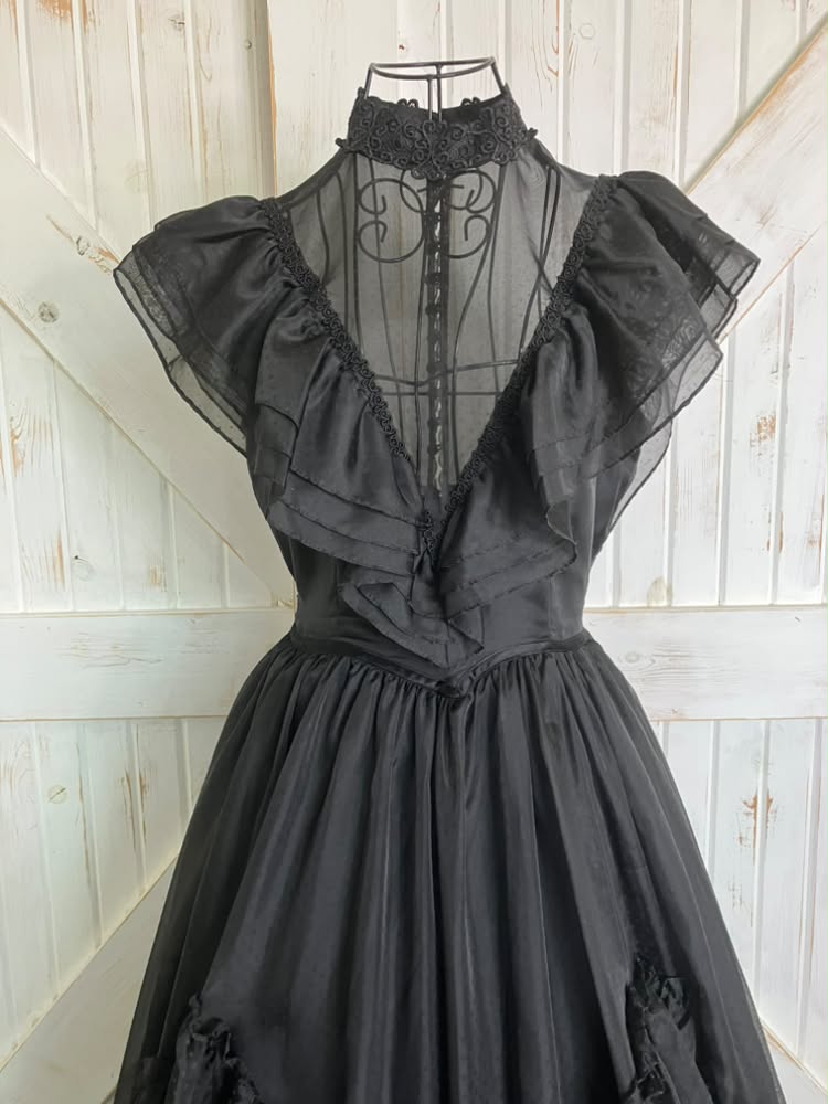 70's Vintage Gunne Sax Black Swiss Polka Dot Wednesday Adams Witchy Woman Maxi Gown Ballgown Dress 9