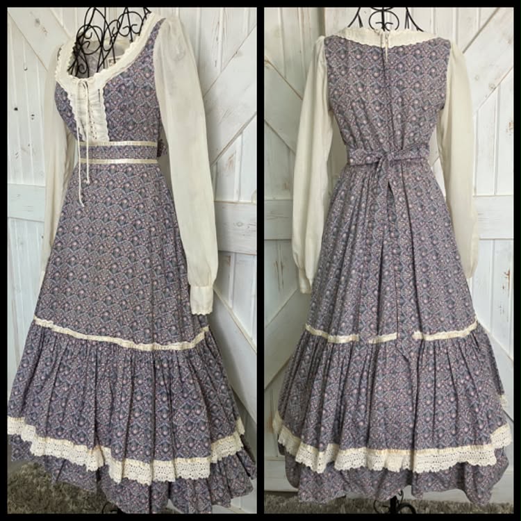 70's Vintage Gunne Sax Purple Pink Green Tulip Calico William Morris Corset Prairie Midi Dress