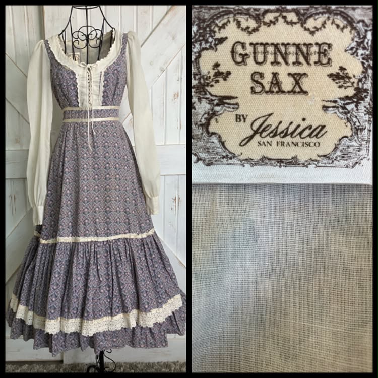 70's Vintage Gunne Sax Purple Pink Green Tulip Calico William Morris Corset Prairie Midi Dress
