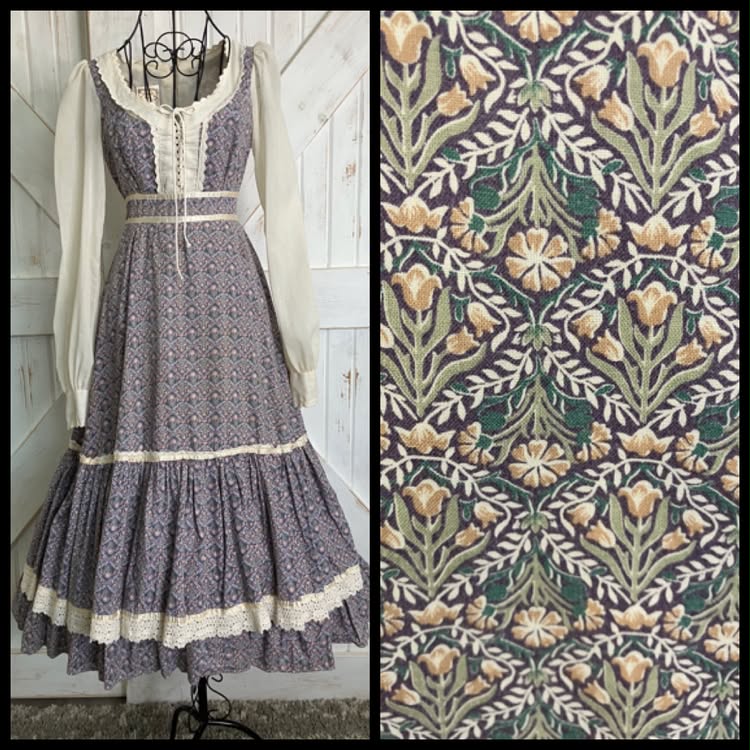 70's Vintage Gunne Sax Purple Pink Green Tulip Calico William Morris Corset Prairie Midi Dress