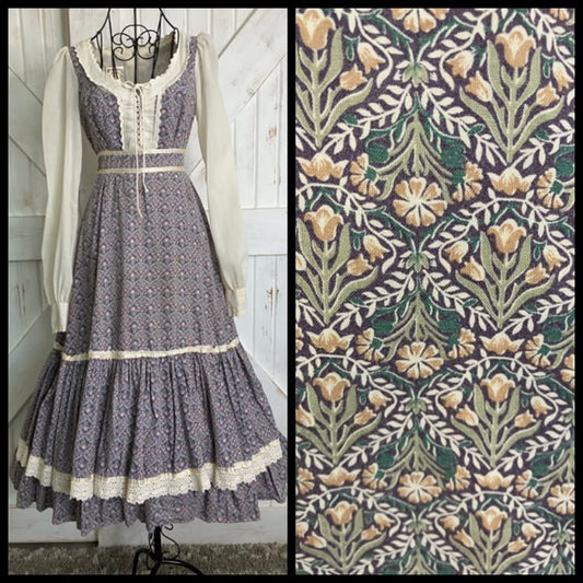 70's Vintage Gunne Sax Purple Pink Green Tulip Calico William Morris Corset Prairie Midi Dress