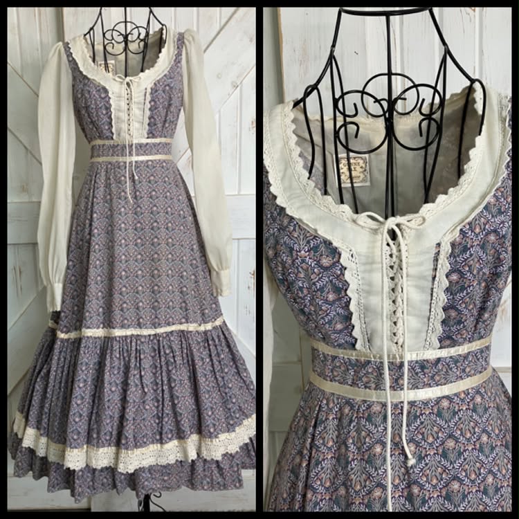70's Vintage Gunne Sax Purple Pink Green Tulip Calico William Morris Corset Prairie Midi Dress