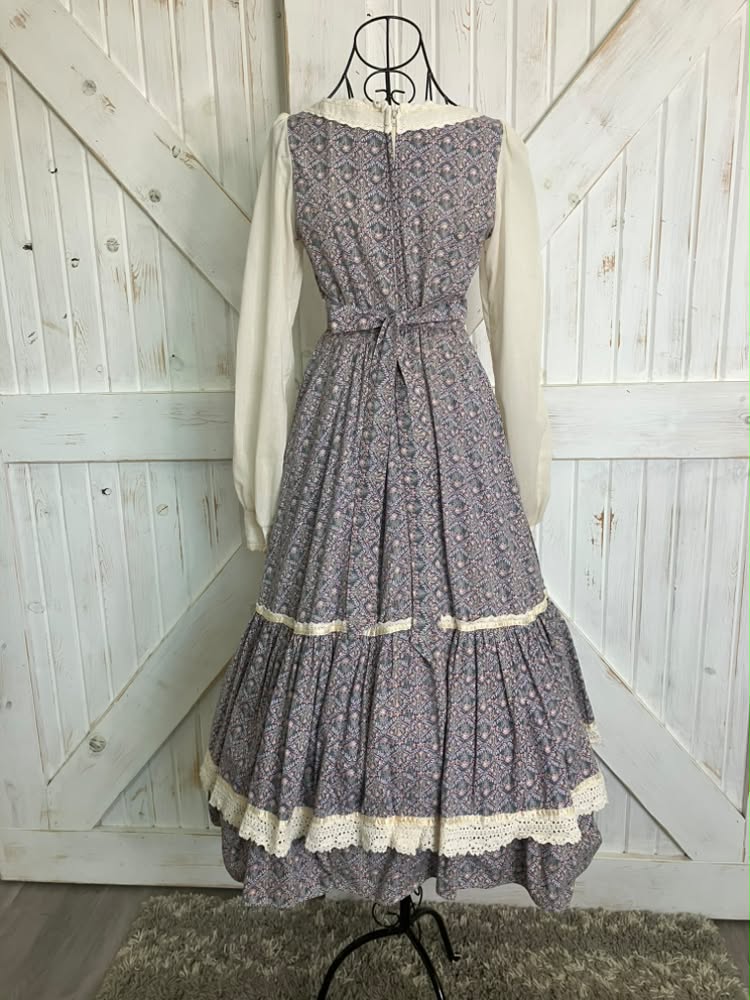70's Vintage Gunne Sax Purple Pink Green Tulip Calico William Morris Corset Prairie Midi Dress