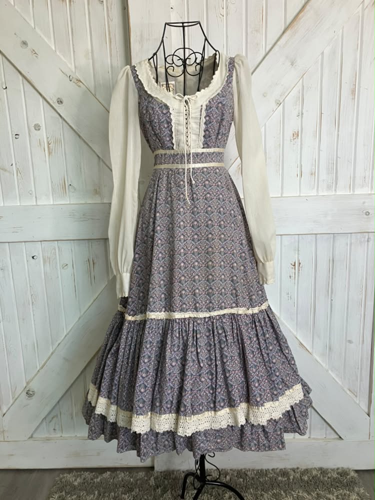 70's Vintage Gunne Sax Purple Pink Green Tulip Calico William Morris Corset Prairie Midi Dress