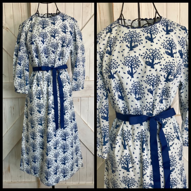 70's Vintage The Vested Gentress Blue White Cat in Tree Novelty Print Mod Midi Dress *FLAWS