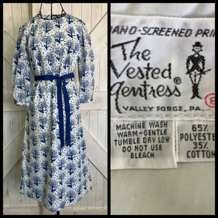 70's Vintage The Vested Gentress Blue White Cat in Tree Novelty Print Mod Midi Dress *FLAWS