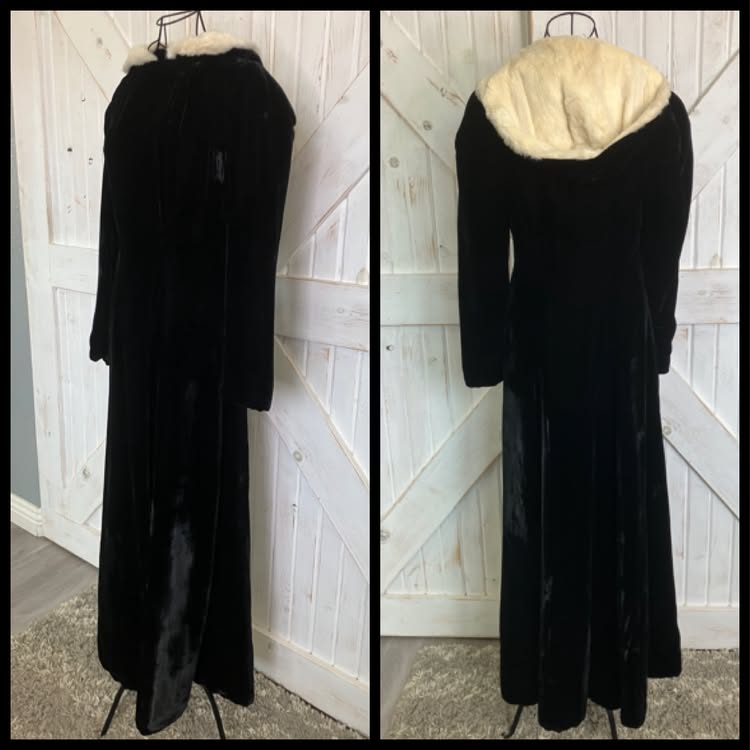 20's Vintage Antique Jazz Age Design Decade Carson Pirie Scott & Co Black Velvet White Fur Opera Maxi Coat Jacket *FLAWS