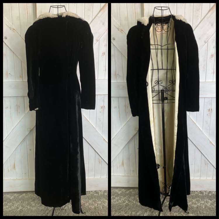 20's Vintage Antique Jazz Age Design Decade Carson Pirie Scott & Co Black Velvet White Fur Opera Maxi Coat Jacket *FLAWS