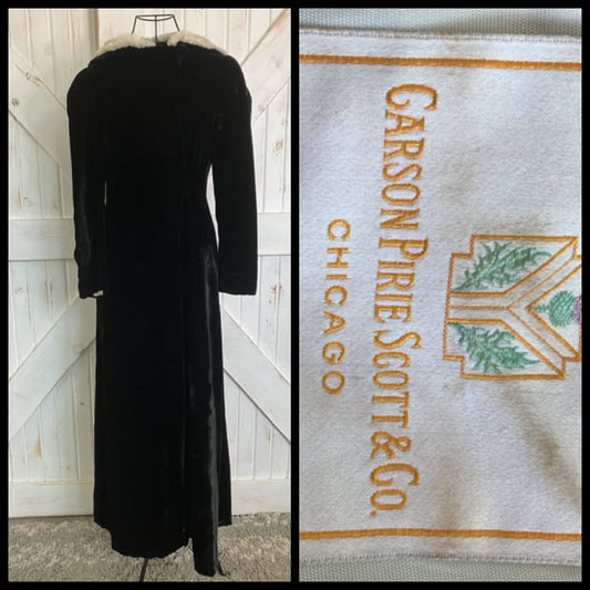 20's Vintage Antique Jazz Age Design Decade Carson Pirie Scott & Co Black Velvet White Fur Opera Maxi Coat Jacket *FLAWS