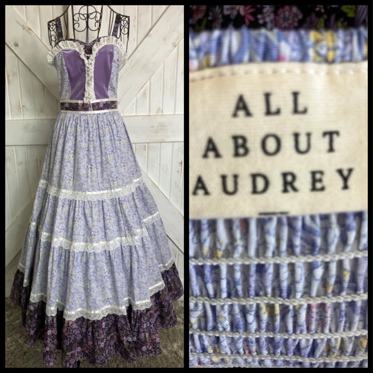 Reproduction Retro All About Audrey Purple Calico Gunne Sax STYLE Corset Prairie Maxi Sweetheart Corset Sundress Dress