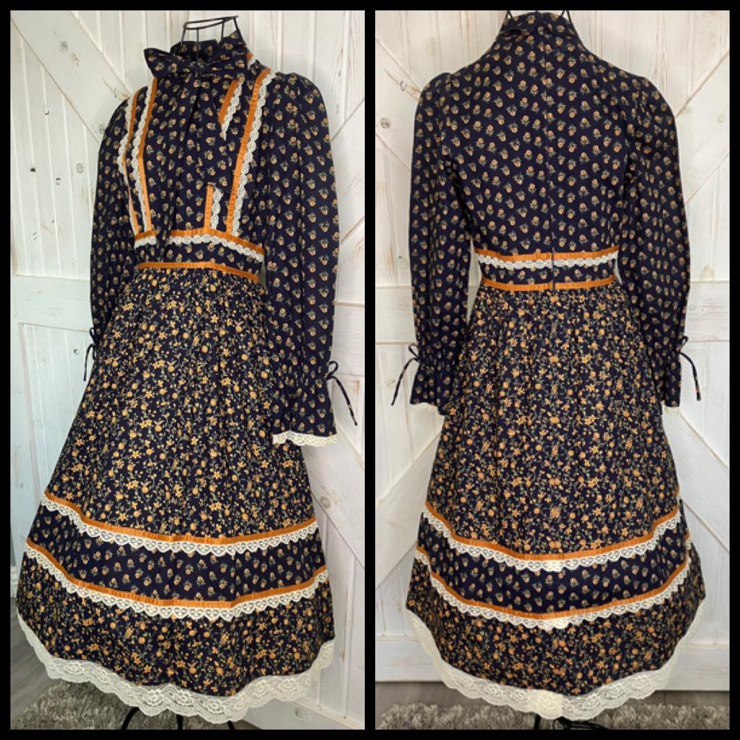 70's Vintage Homespun Ltd Gunne Sax STYLE Blue Orange Gold Calico Prairie Pussybow Midi Dress 9