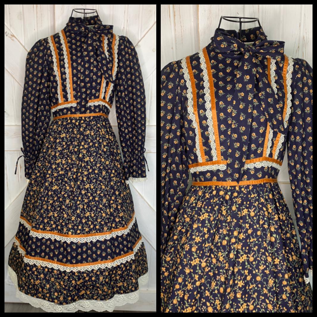 70's Vintage Homespun Ltd Gunne Sax STYLE Blue Orange Gold Calico Prairie Pussybow Midi Dress 9