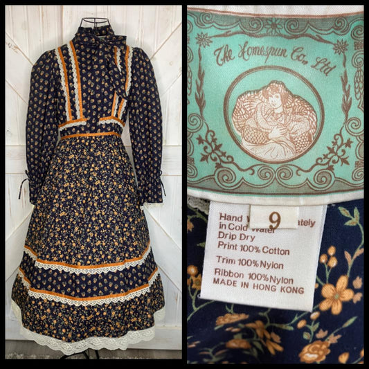 70's Vintage Homespun Ltd Gunne Sax STYLE Blue Orange Gold Calico Prairie Pussybow Midi Dress 9