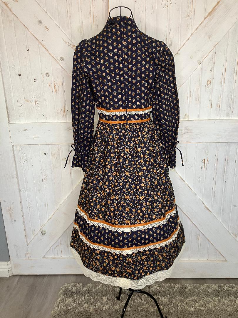 70's Vintage Homespun Ltd Gunne Sax STYLE Blue Orange Gold Calico Prairie Pussybow Midi Dress 9